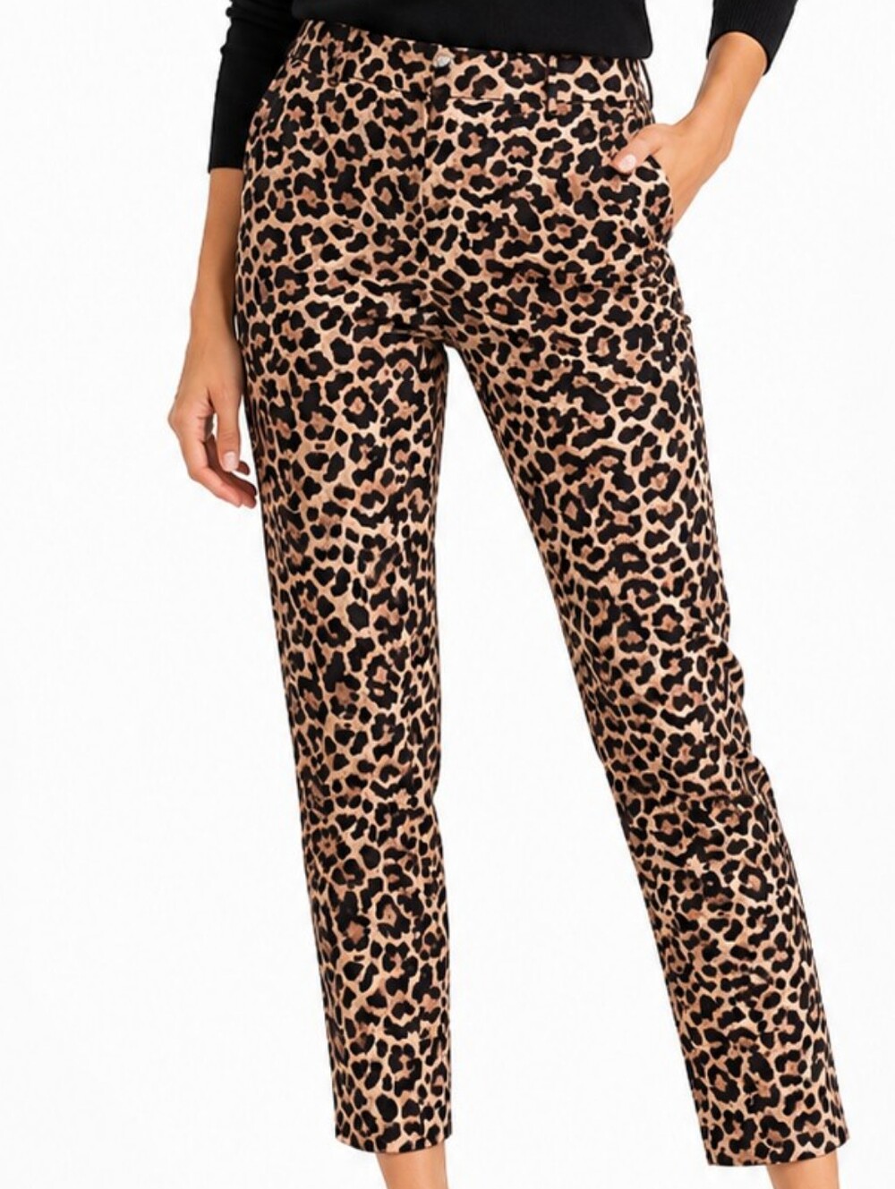 Zara Womens Animal Print Leopard Pants sz 8 Brown Black Cropped Stretch